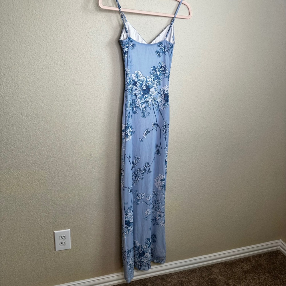 Tiger Mist Coquette Blue Floral Mesh Maxi Dress Adjustable Straps Size XS - Picture 6 of 9